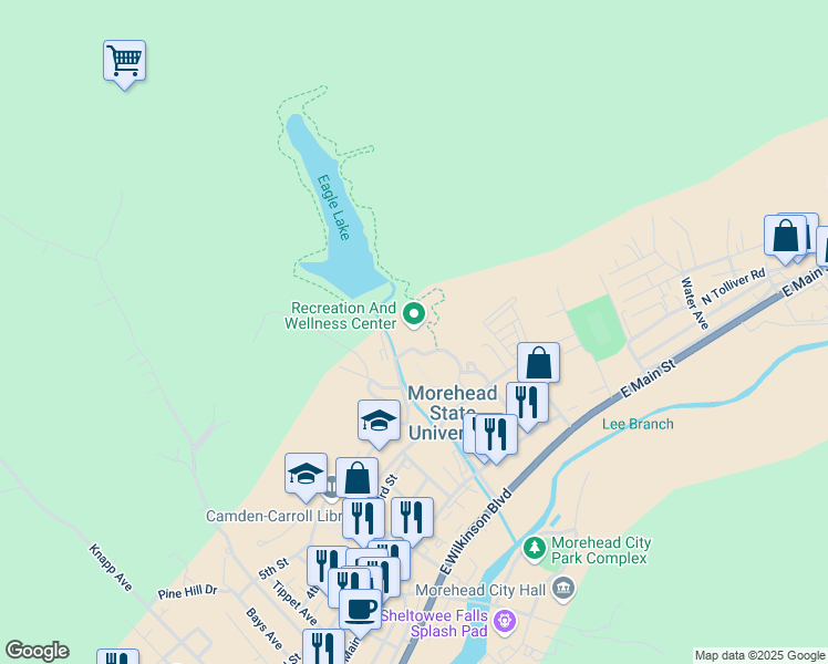 map of restaurants, bars, coffee shops, grocery stores, and more near 100 Evans Branch Road in Morehead