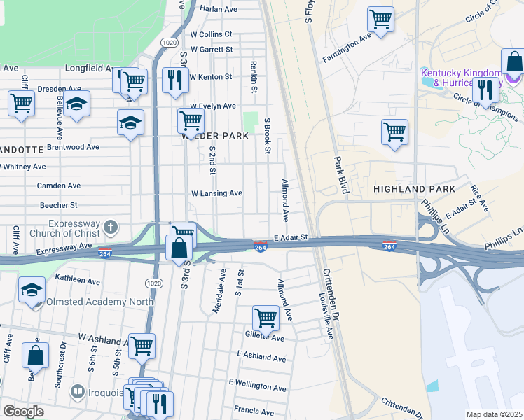 map of restaurants, bars, coffee shops, grocery stores, and more near 100 East Florence Avenue in Louisville
