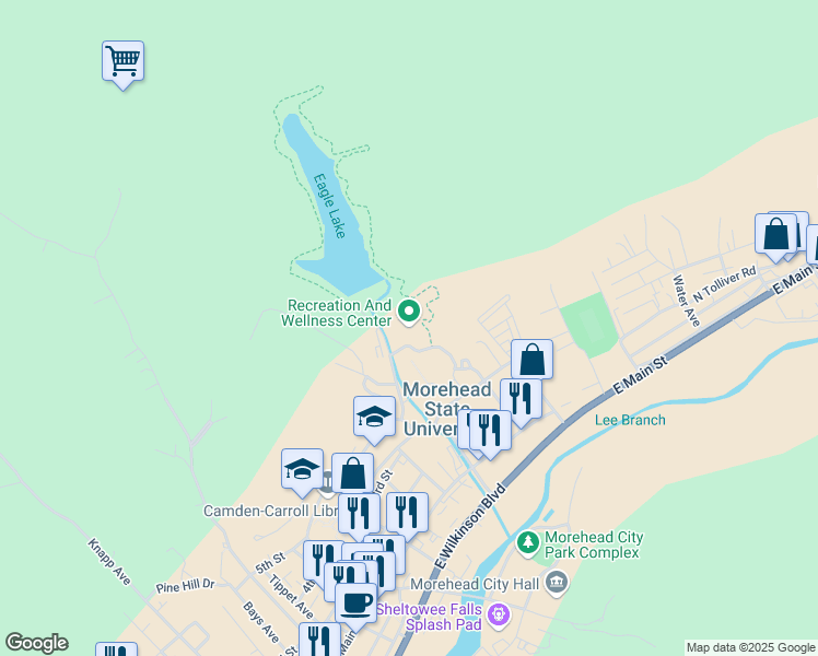 map of restaurants, bars, coffee shops, grocery stores, and more near 100 Evans Branch Road in Morehead