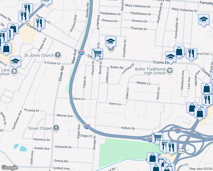 map of restaurants, bars, coffee shops, grocery stores, and more near 4038 Addison Lane in Louisville