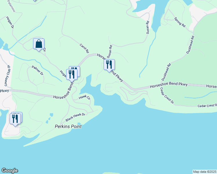 map of restaurants, bars, coffee shops, grocery stores, and more near 44 Emerald Bay Court in Lake Ozark