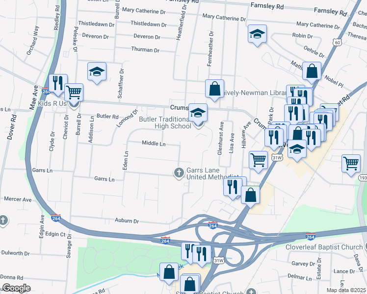 map of restaurants, bars, coffee shops, grocery stores, and more near 2023 West Lane in Louisville