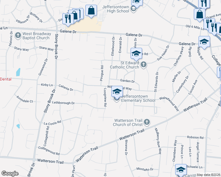 map of restaurants, bars, coffee shops, grocery stores, and more near 3705 Longview Road in Louisville