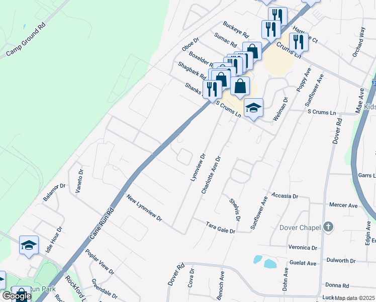 map of restaurants, bars, coffee shops, grocery stores, and more near Tipsy Circle in Louisville