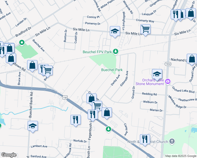 map of restaurants, bars, coffee shops, grocery stores, and more near 220 Bonnie Lane in Louisville