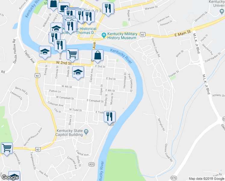 map of restaurants, bars, coffee shops, grocery stores, and more near 298 East 4th Street in Frankfort