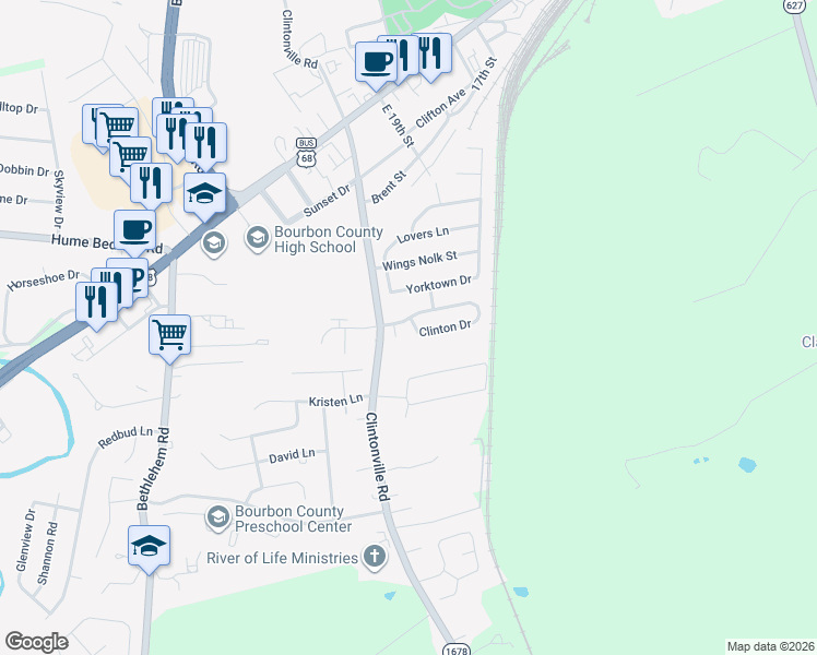 map of restaurants, bars, coffee shops, grocery stores, and more near 260 Clinton Drive in Paris
