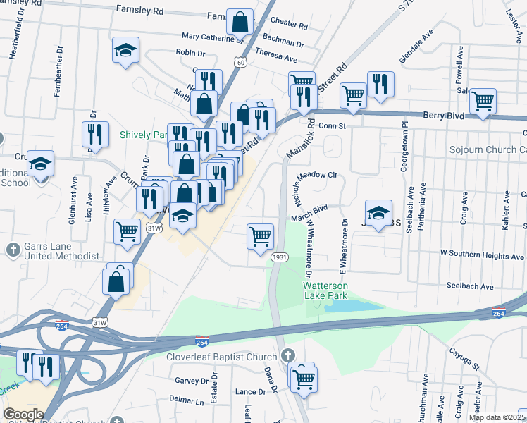 map of restaurants, bars, coffee shops, grocery stores, and more near Dena Drive in Louisville