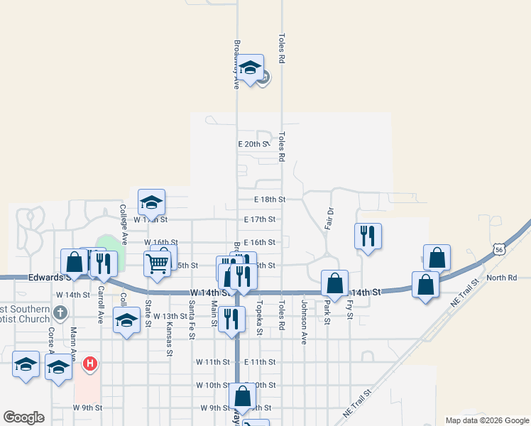map of restaurants, bars, coffee shops, grocery stores, and more near 220 East 17th Street in Larned