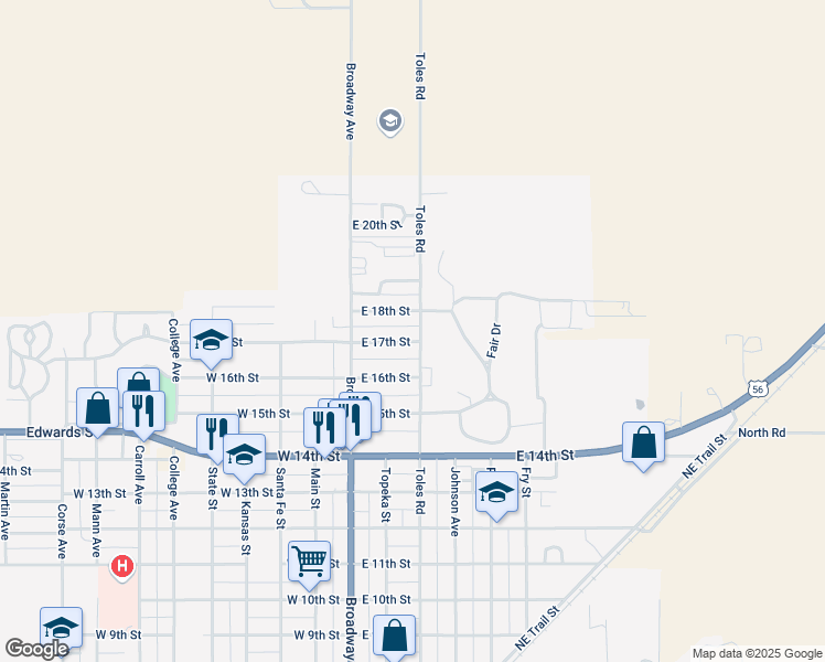 map of restaurants, bars, coffee shops, grocery stores, and more near 220 East 17th Street in Larned
