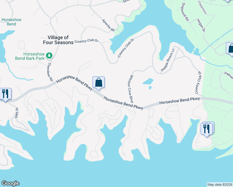map of restaurants, bars, coffee shops, grocery stores, and more near Horseshoe Bend Parkway in Village of Four Seasons