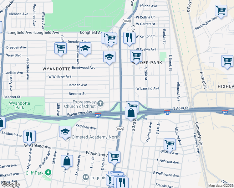 map of restaurants, bars, coffee shops, grocery stores, and more near 4312 Southern Parkway in Louisville
