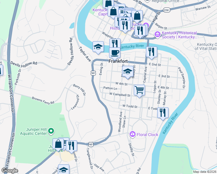 map of restaurants, bars, coffee shops, grocery stores, and more near 406 West Campbell Street in Frankfort