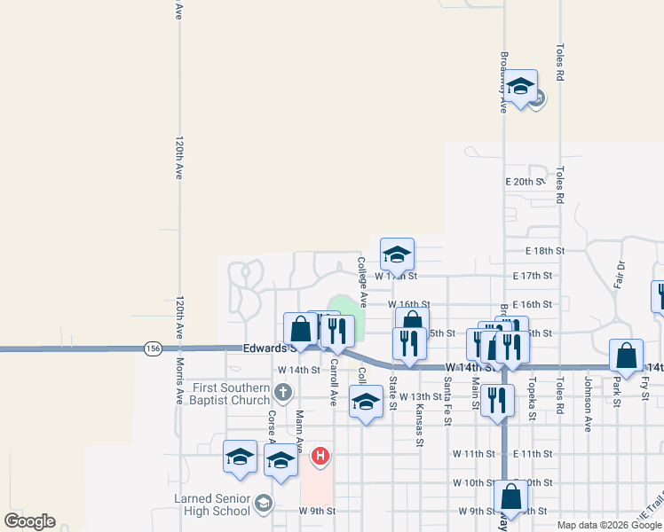 map of restaurants, bars, coffee shops, grocery stores, and more near 617 West 17th Street in Larned