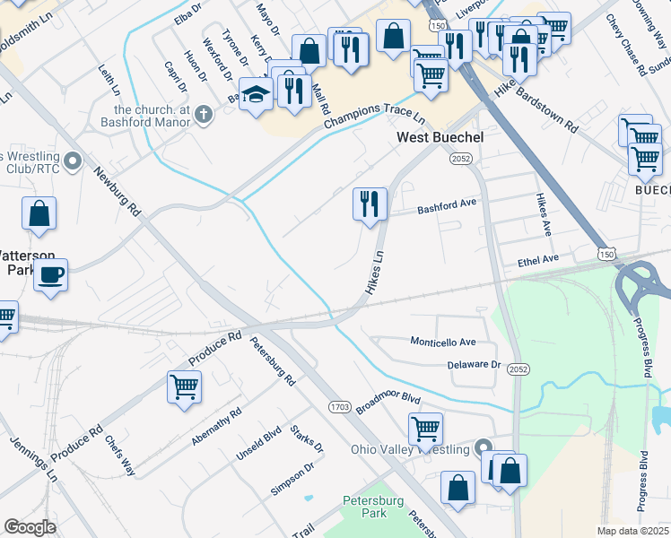 map of restaurants, bars, coffee shops, grocery stores, and more near 3720 Bashford Avenue Court in Louisville