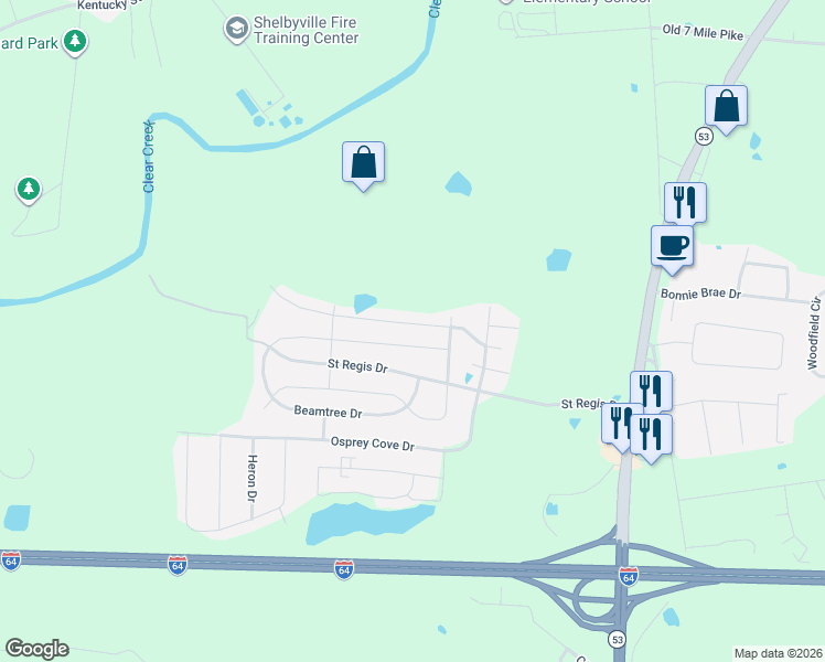 map of restaurants, bars, coffee shops, grocery stores, and more near 5004 Tealwood Drive in Shelbyville