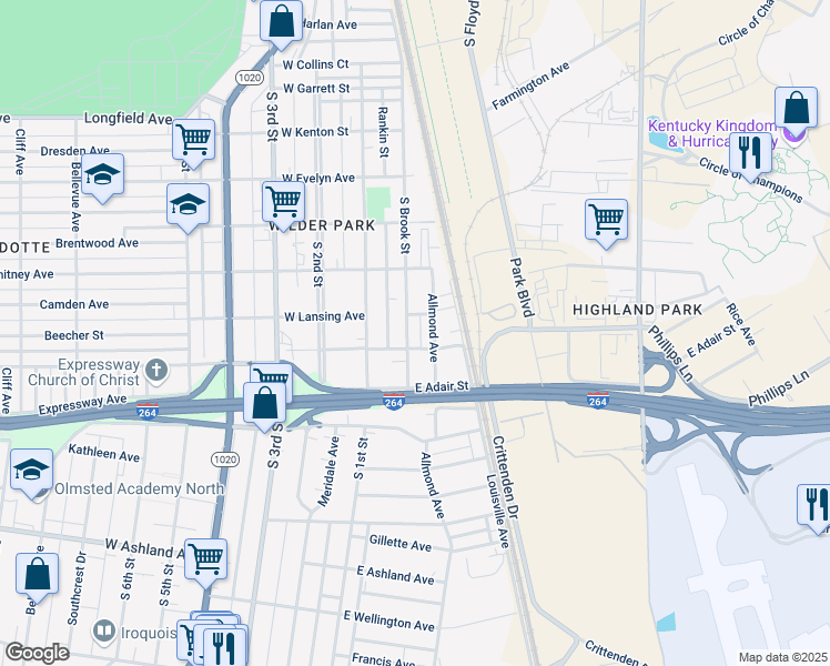 map of restaurants, bars, coffee shops, grocery stores, and more near 4401 South Brook Street in Louisville
