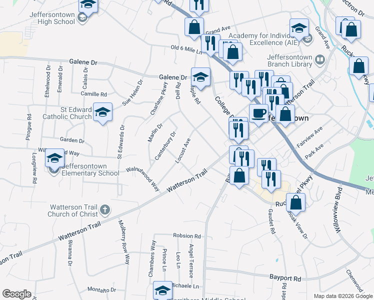 map of restaurants, bars, coffee shops, grocery stores, and more near 3606 Willow Court in Louisville