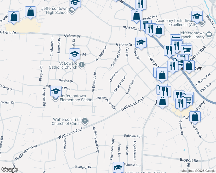 map of restaurants, bars, coffee shops, grocery stores, and more near 9712 Willowwood Way in Louisville