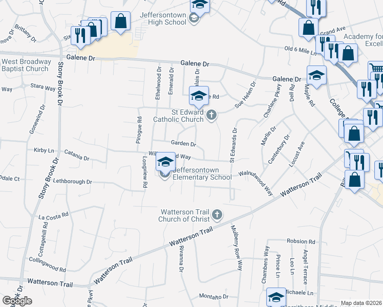 map of restaurants, bars, coffee shops, grocery stores, and more near 3702 Glenwillow Way in Louisville