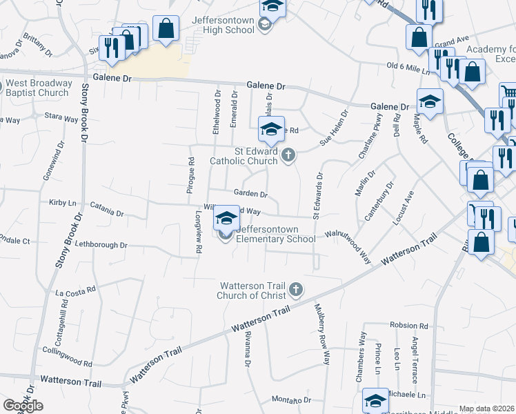 map of restaurants, bars, coffee shops, grocery stores, and more near 3702 Glenwillow Way in Louisville