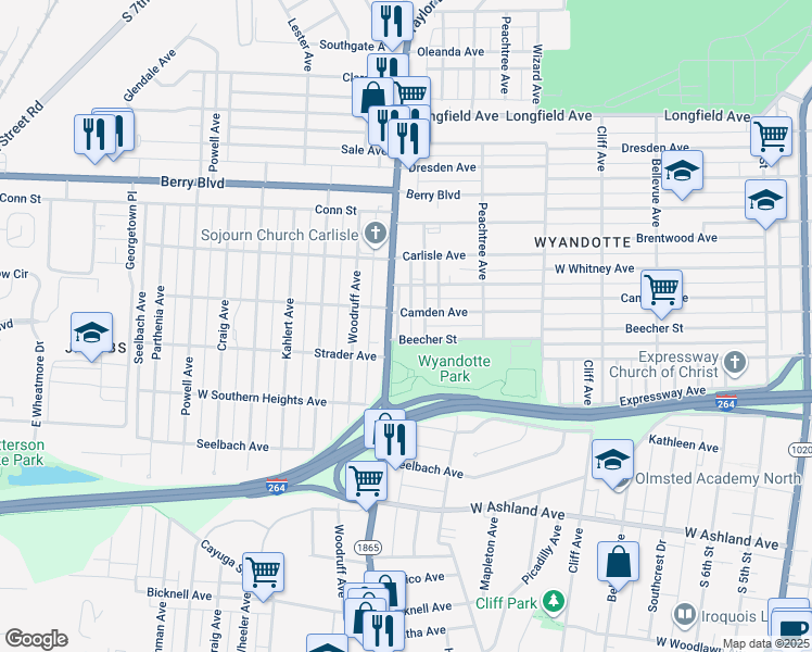 map of restaurants, bars, coffee shops, grocery stores, and more near 3654 Henry Avenue in Louisville
