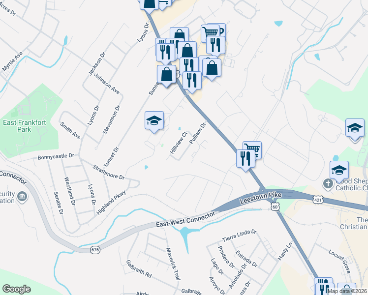 map of restaurants, bars, coffee shops, grocery stores, and more near 222 Pulliam Drive in Frankfort