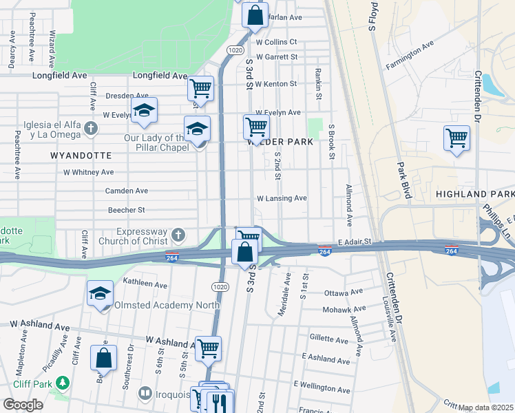 map of restaurants, bars, coffee shops, grocery stores, and more near 220 1/2 West Florence Avenue in Louisville