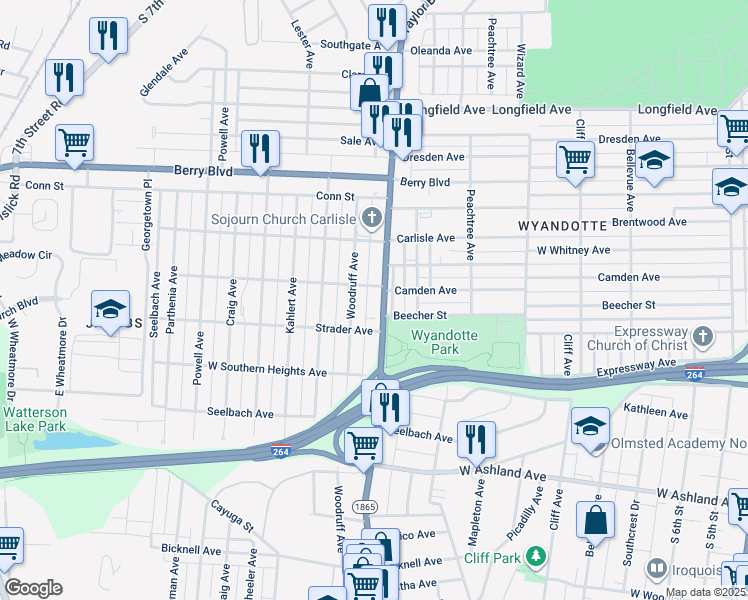 map of restaurants, bars, coffee shops, grocery stores, and more near 3664 Taylor Boulevard in Louisville