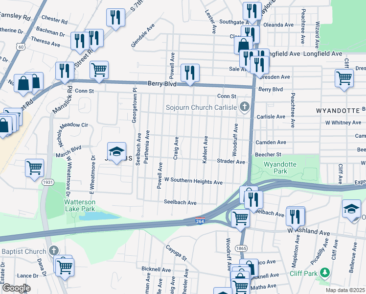 map of restaurants, bars, coffee shops, grocery stores, and more near 3701 Craig Avenue in Louisville