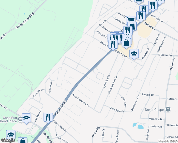 map of restaurants, bars, coffee shops, grocery stores, and more near 3219 Donald Drive in Louisville