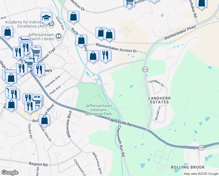 map of restaurants, bars, coffee shops, grocery stores, and more near 3523 Chenoweth Run Road in Louisville
