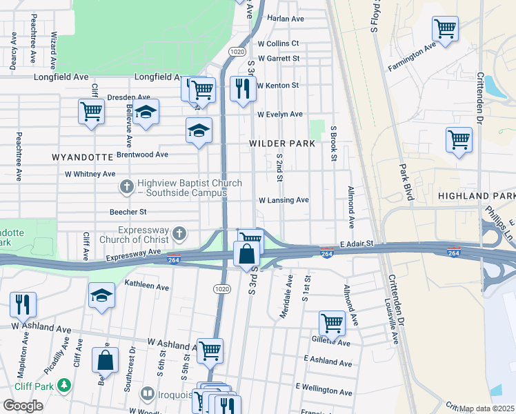 map of restaurants, bars, coffee shops, grocery stores, and more near 220 1/2 West Florence Avenue in Louisville