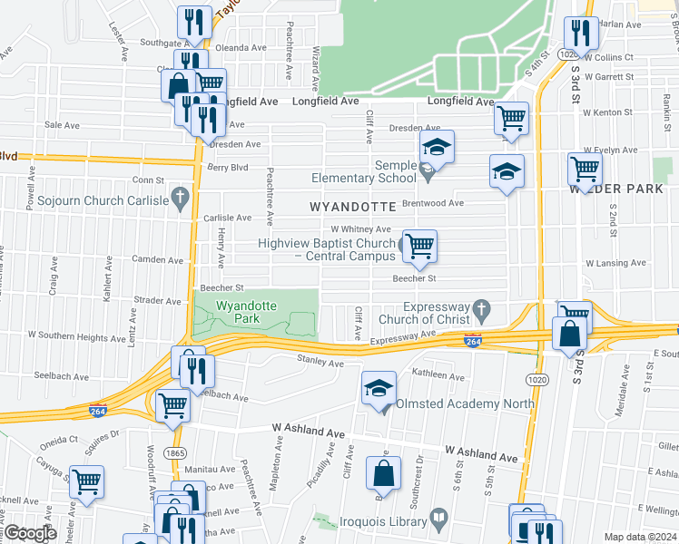 map of restaurants, bars, coffee shops, grocery stores, and more near 927 Beecher Street in Louisville
