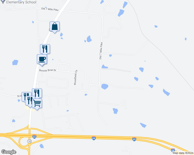 map of restaurants, bars, coffee shops, grocery stores, and more near 1230 Old 7 Mile Pike in Shelbyville