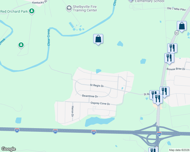 map of restaurants, bars, coffee shops, grocery stores, and more near 4063 Firestone Way in Shelbyville