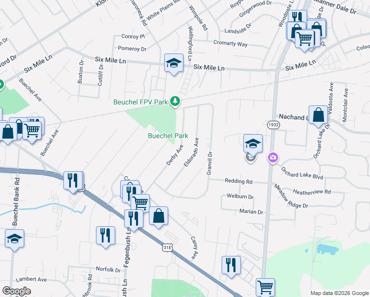 map of restaurants, bars, coffee shops, grocery stores, and more near 252 Derby Avenue in Louisville