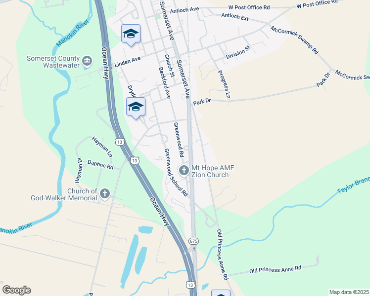 map of restaurants, bars, coffee shops, grocery stores, and more near 11336 Old Princess Anne Road in Princess Anne