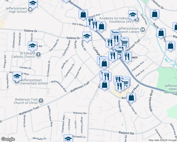 map of restaurants, bars, coffee shops, grocery stores, and more near 3613 Dell Road in Louisville