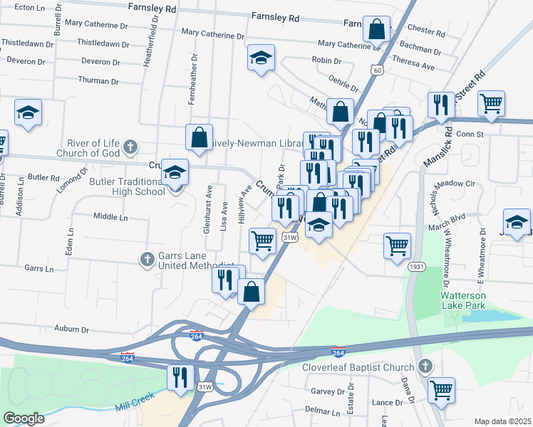 map of restaurants, bars, coffee shops, grocery stores, and more near 4006 Delores Avenue in Louisville