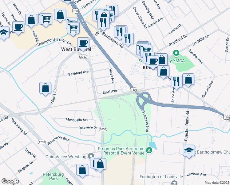 map of restaurants, bars, coffee shops, grocery stores, and more near 3728 Ethel Avenue in Louisville