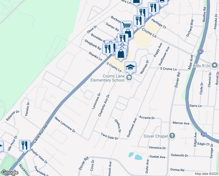 map of restaurants, bars, coffee shops, grocery stores, and more near 4332 Charlotte Ann Drive in Louisville