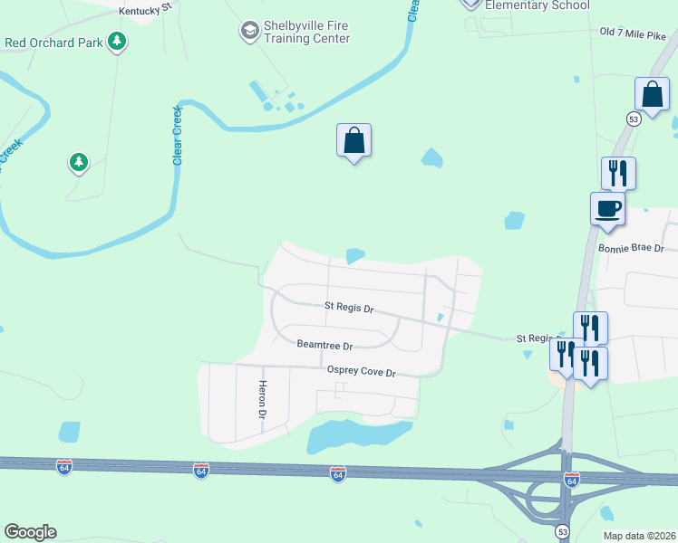 map of restaurants, bars, coffee shops, grocery stores, and more near 4063 Firestone Way in Shelbyville