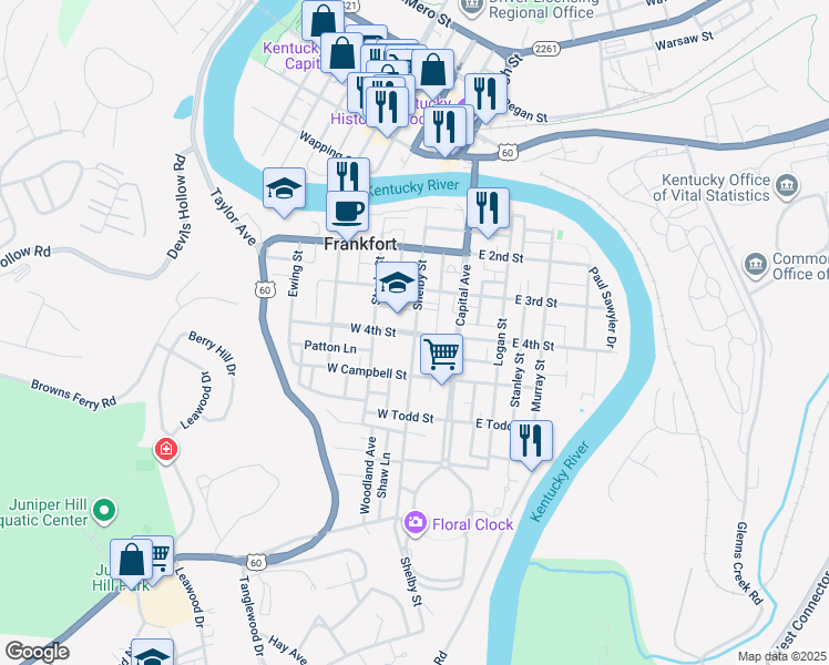 map of restaurants, bars, coffee shops, grocery stores, and more near 328 Shelby Street in Frankfort
