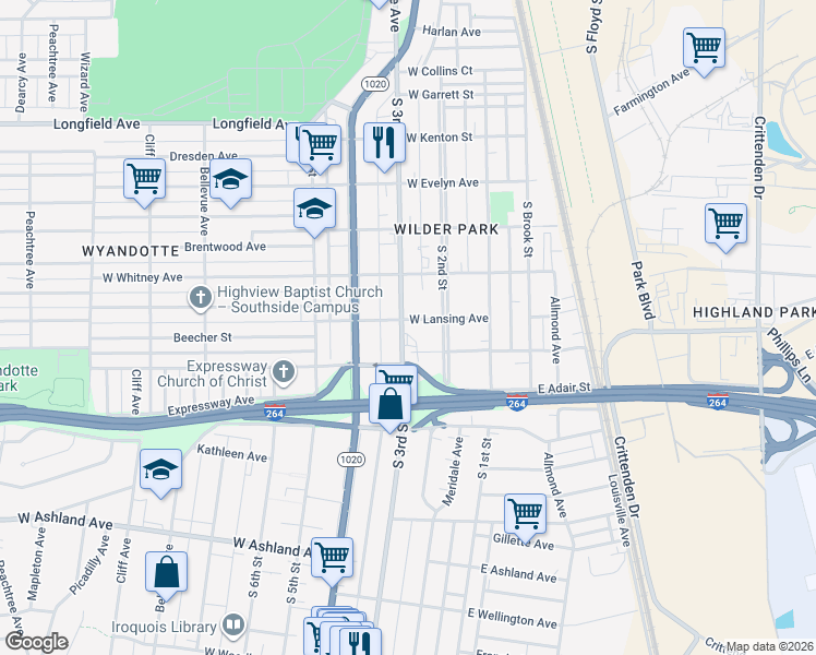 map of restaurants, bars, coffee shops, grocery stores, and more near 207 West Lansing Avenue in Louisville