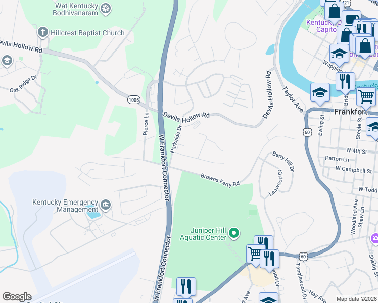 map of restaurants, bars, coffee shops, grocery stores, and more near 514 Parkside Drive in Frankfort