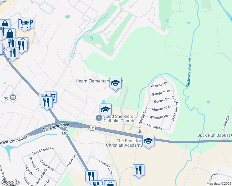 map of restaurants, bars, coffee shops, grocery stores, and more near 300 Copperleaf Boulevard in Frankfort