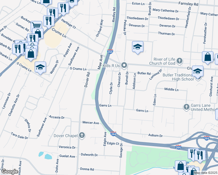 map of restaurants, bars, coffee shops, grocery stores, and more near 4022 Clyde Drive in Louisville