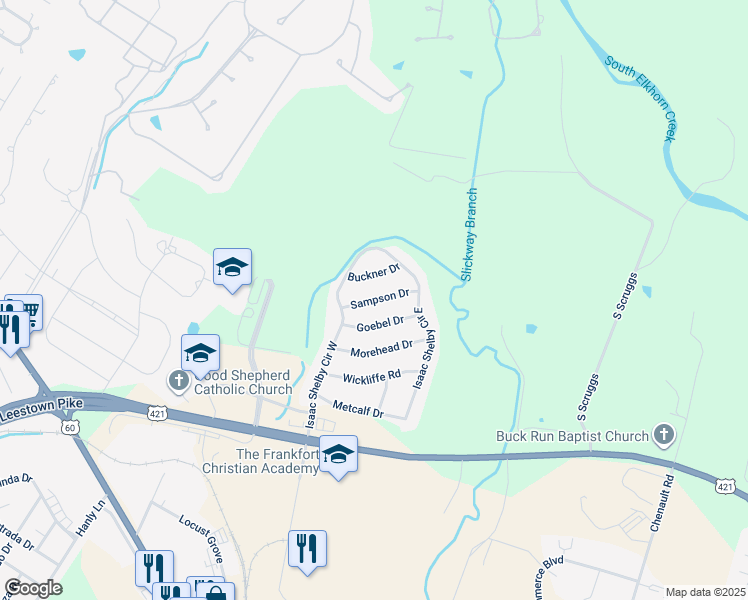 map of restaurants, bars, coffee shops, grocery stores, and more near 520 Sampson Drive in Frankfort