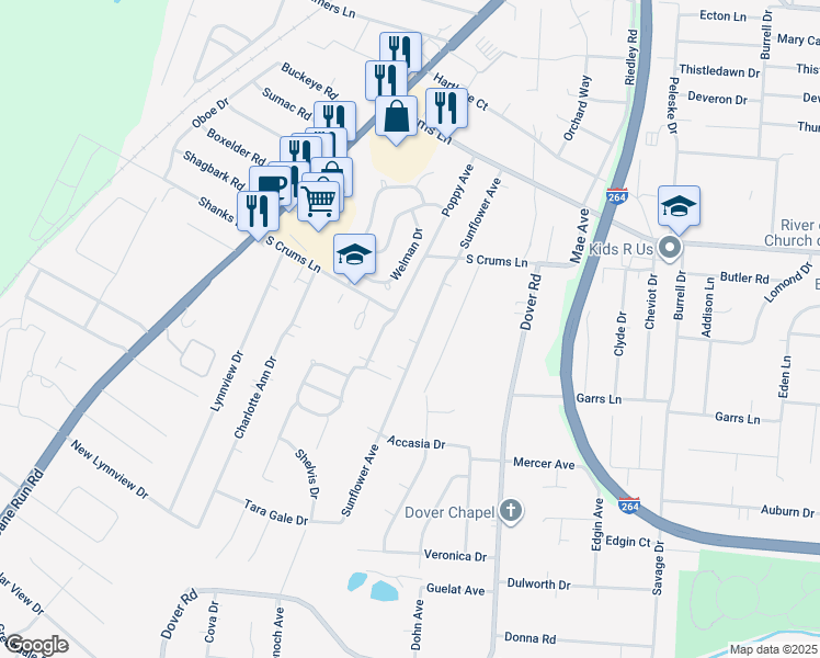 map of restaurants, bars, coffee shops, grocery stores, and more near 3 Sunflower Court in Louisville